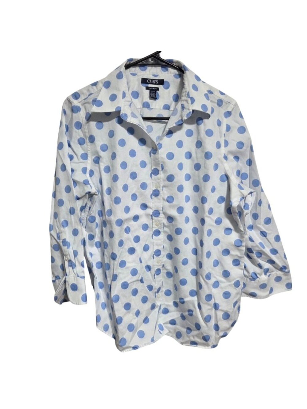 Chaps Button Up Shirt Size L No Iron Blue Polka Dot Long Sleeve Preppy Coastal